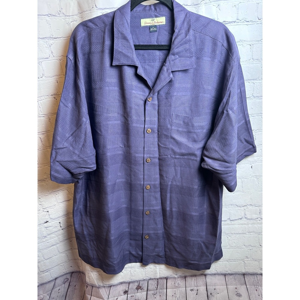 Tommy Bahama Silk‎ Button Up Shirt Textured Weave Short Sleeve Purple XL